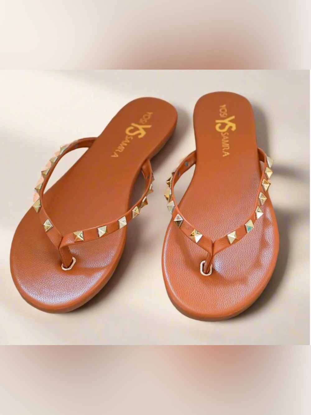 Yosi Samra Tan Flip Flop Sandals with Gold Pyramid Studs